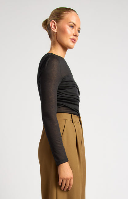 Tia Ruched Detail Bodice Sheer Top - Black