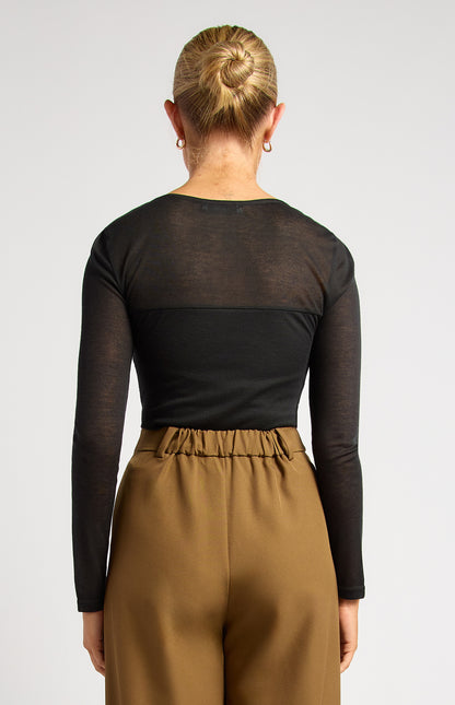 Tia Ruched Detail Bodice Sheer Top - Black