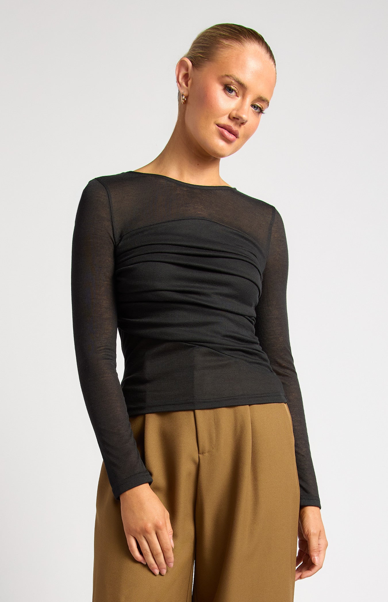 Tia Ruched Detail Bodice Sheer Top - Black