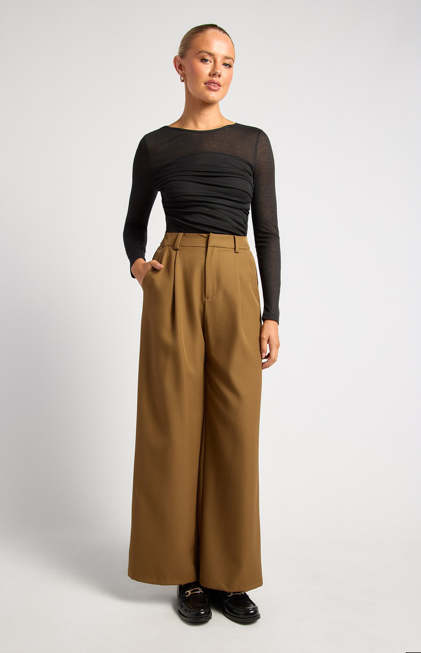 Tia Ruched Detail Bodice Sheer Top - Black