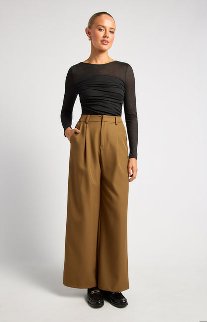 Tia Ruched Detail Bodice Sheer Top - Black