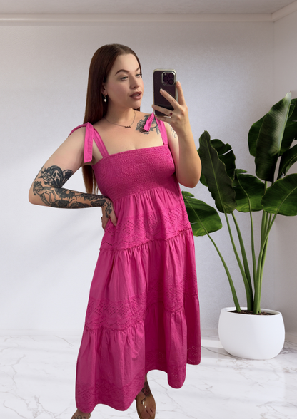 Bindy Broderie Shirred Midi Dress - Hot Pink