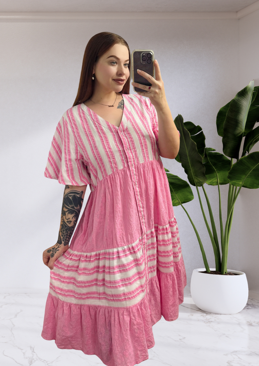 Rosalie Button Up Knee Length Dress - Pink