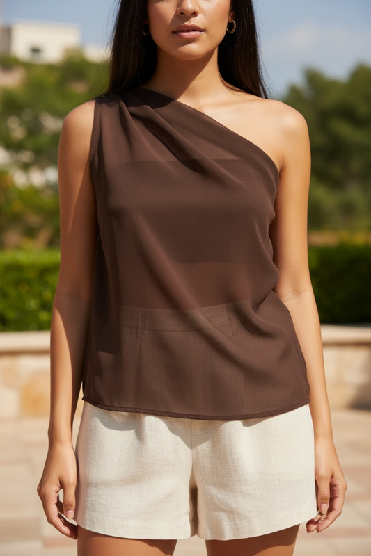 Anne One Shoulder Sheer Top - Brown