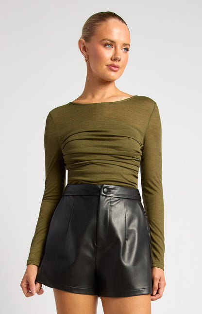 Tia Ruched Detail Bodice Sheer Top - Dark Olive
