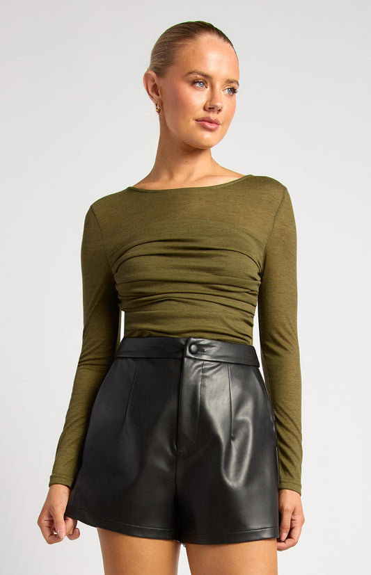 Tia Ruched Detail Bodice Sheer Top - Dark Olive