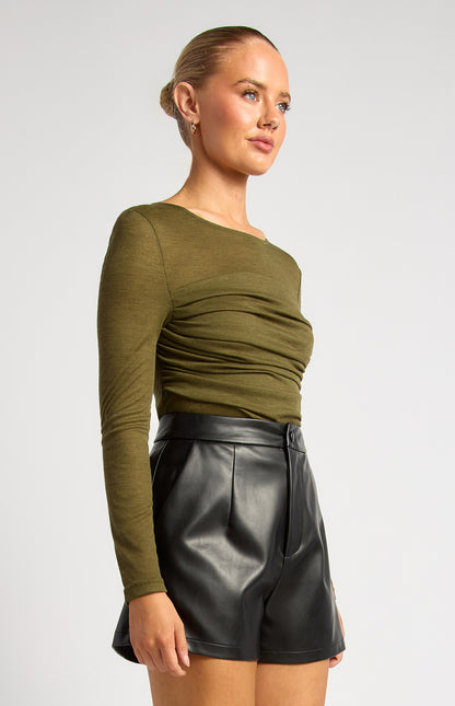 Tia Ruched Detail Bodice Sheer Top - Dark Olive