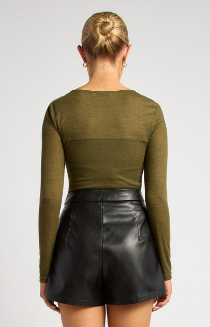 Tia Ruched Detail Bodice Sheer Top - Dark Olive