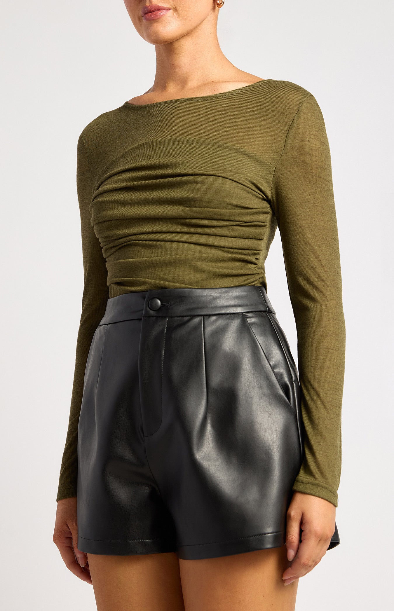 Tia Ruched Detail Bodice Sheer Top - Dark Olive