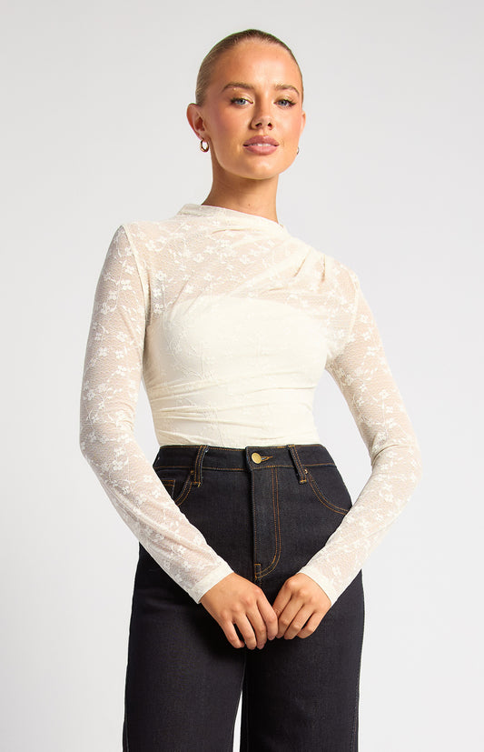 Eva Stretch Floral Lace Sheer Top - White