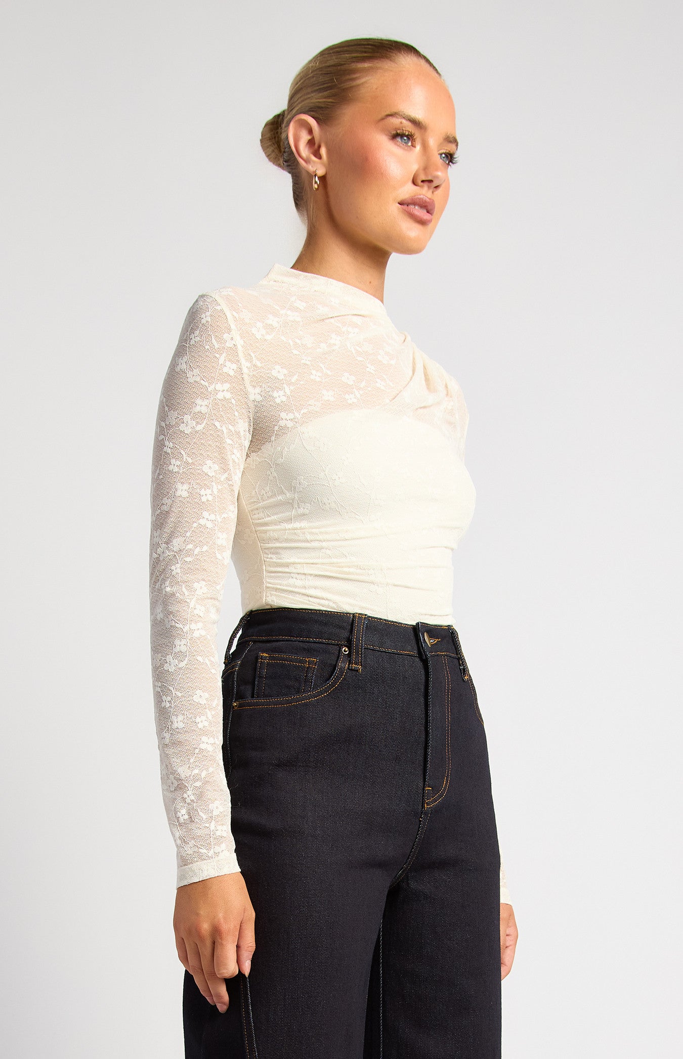 Eva Stretch Floral Lace Sheer Top - White