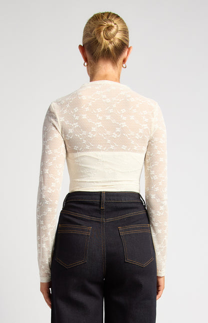 Eva Stretch Floral Lace Sheer Top - White