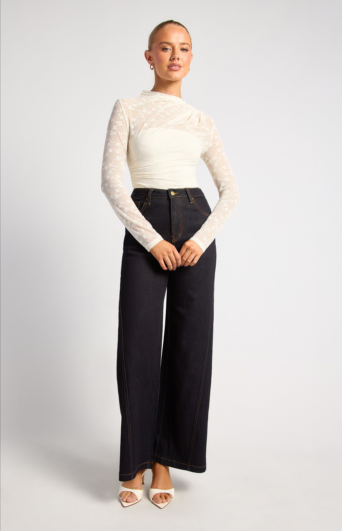 Eva Stretch Floral Lace Sheer Top - White