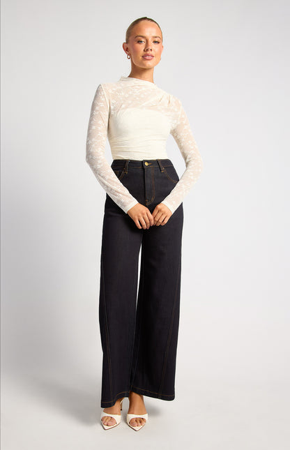 Eva Stretch Floral Lace Sheer Top - White