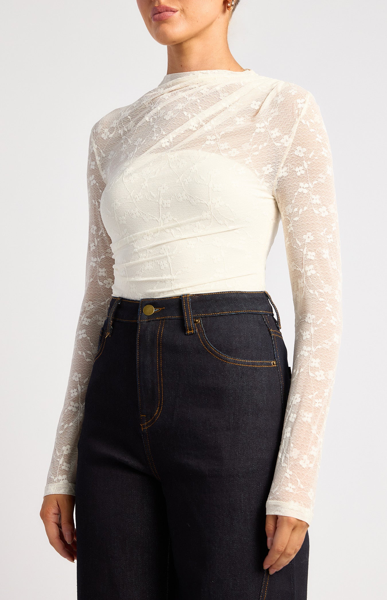 Eva Stretch Floral Lace Sheer Top - White