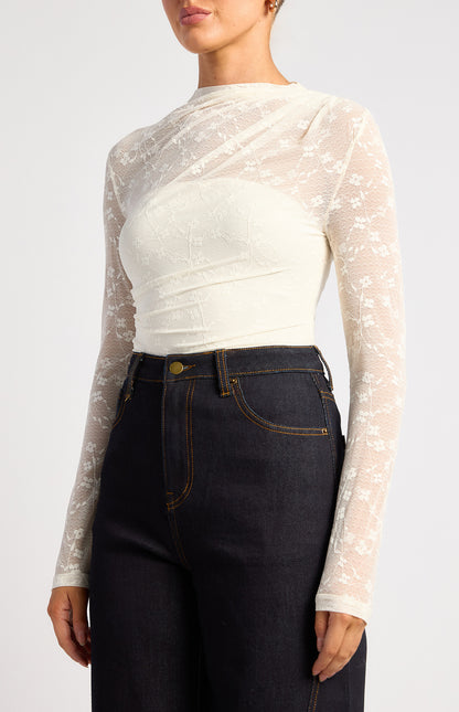 Eva Stretch Floral Lace Sheer Top - White