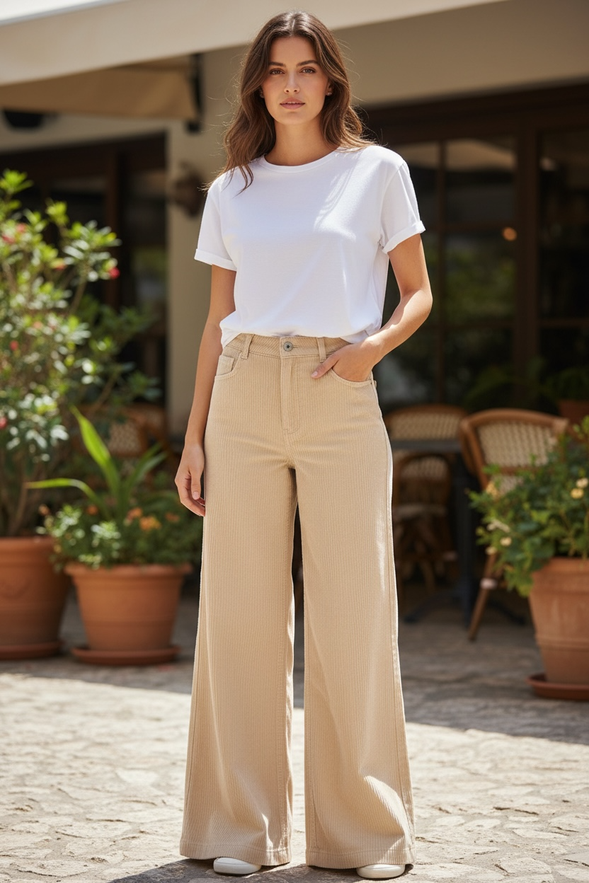 Jenna Cord Wide Leg High Rise Jeans - Cream