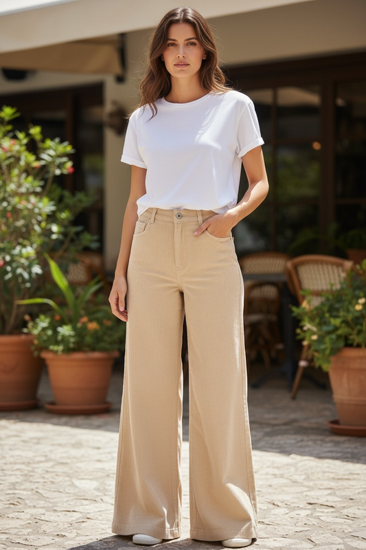 Jenna Cord Wide Leg High Rise Jeans - Cream