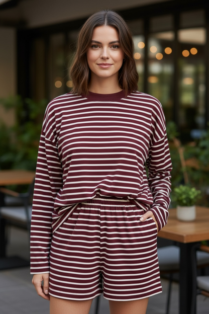 Tessa Long Sleeve Oversized Shirt & Shorts Set - Maroon Stripe