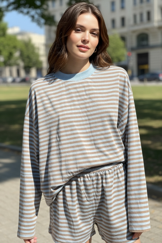 Tessa Long Sleeve Oversized Shirt & Shorts Set - Blue Stripe