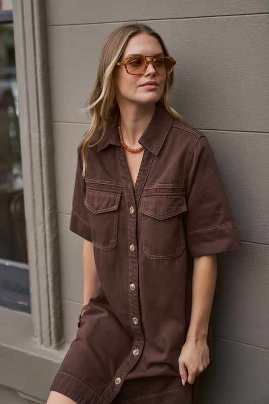 Bonnie Denim Relaxed Shirt Dress - Brown