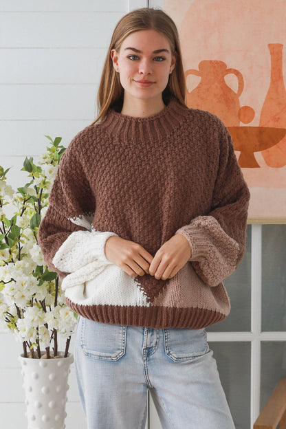 Nina Contrast Chunky Knit Jumper - Mocha