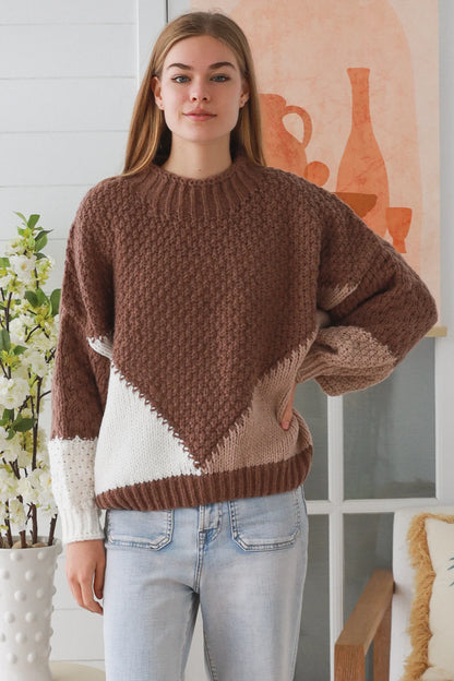 Nina Contrast Chunky Knit Jumper - Mocha