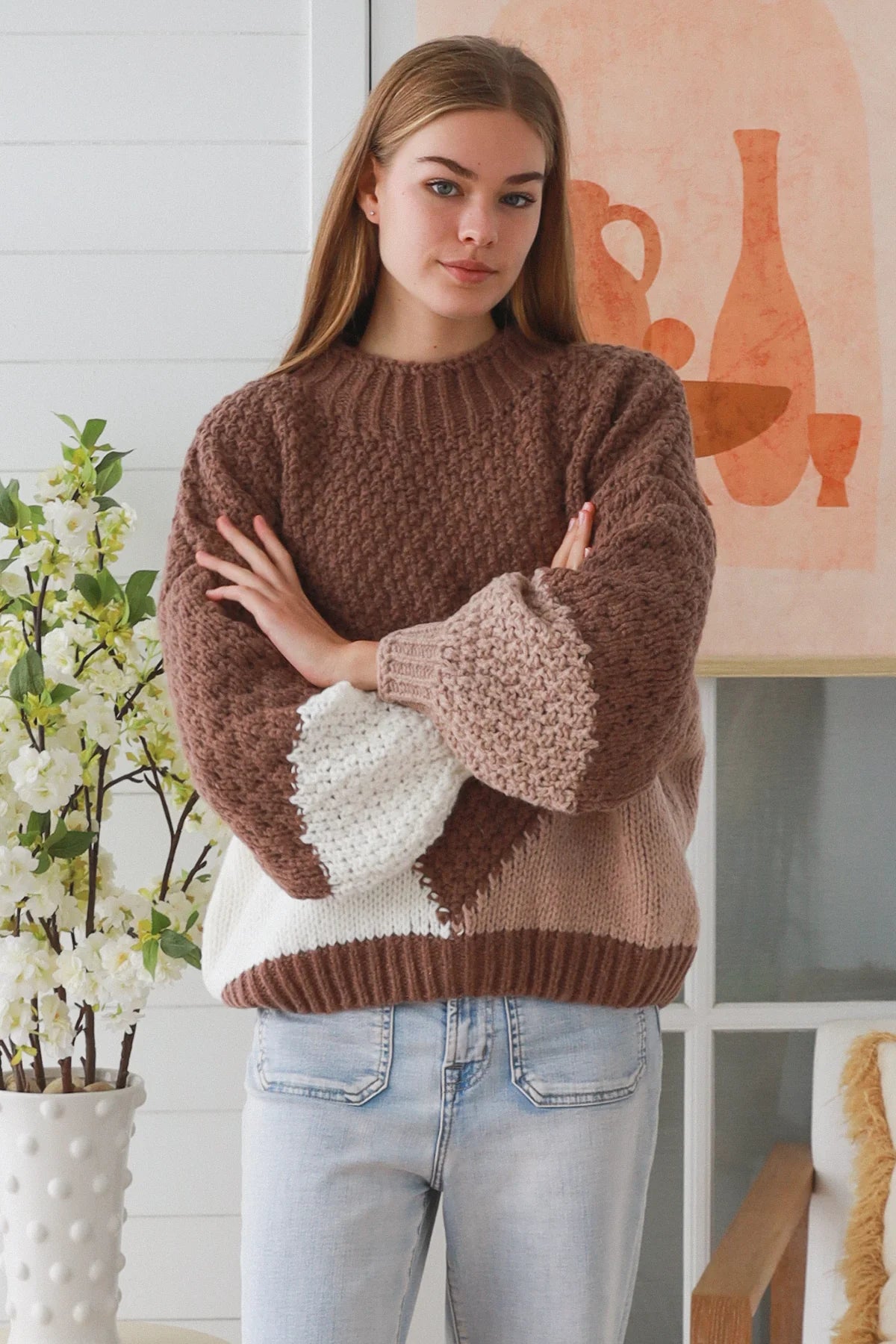 Nina Contrast Chunky Knit Jumper - Mocha