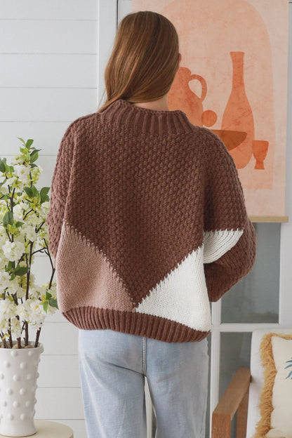 Nina Contrast Chunky Knit Jumper - Mocha