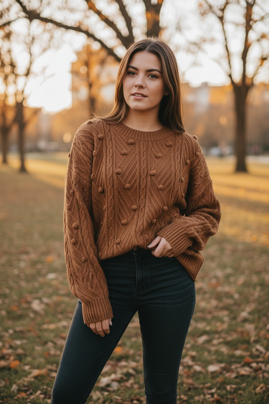 High Neck Pom Pom Jumper - Brown