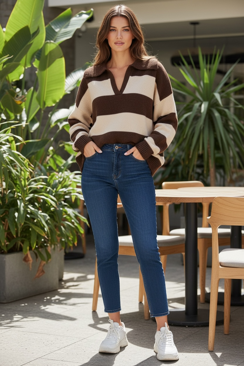 Danika Collared Wide Stripe Jumper - Brown Beige