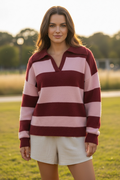 Danika Collared Wide Stripe Jumper - Pink Maroon