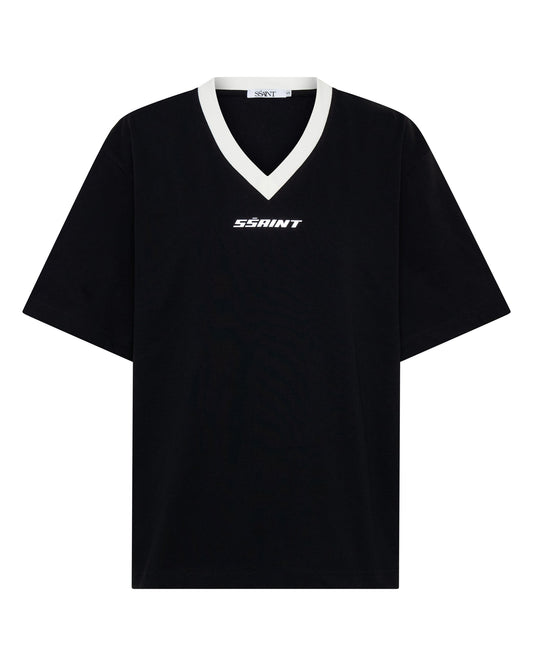 Reflective V-neckline contrast collar T-Shirt - Black
