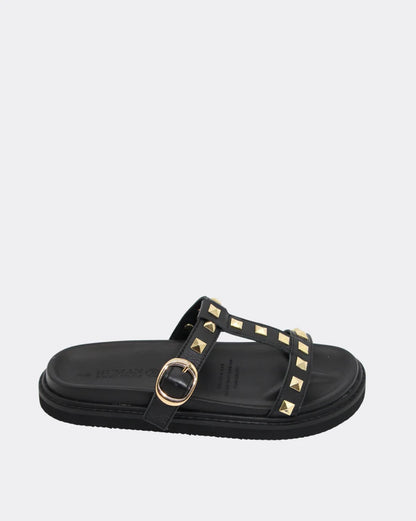 Peyton Studded Leather Sandle Slide Shoes - Black