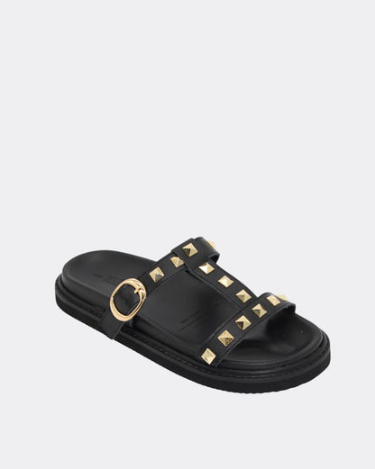 Peyton Studded Leather Sandle Slide Shoes - Black