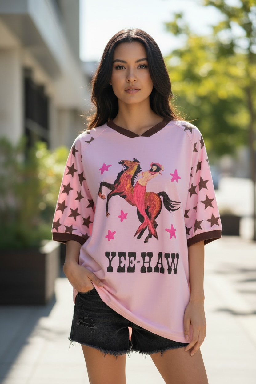 Jersey Oversized Tee Shirt - Yee Haw Pink