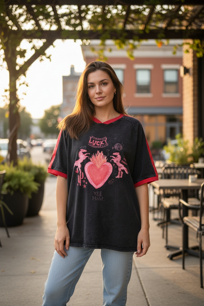 Jersey Oversized Tee Shirt - Lucky Yee Haw Black Acid Wash