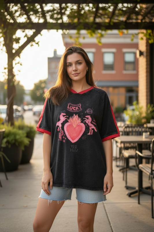 Jersey Oversized Tee Shirt - Lucky Yee Haw Black Acid Wash