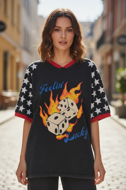 Jersey Oversized Tee Shirt - Feelin Lucky Black Acid Wash