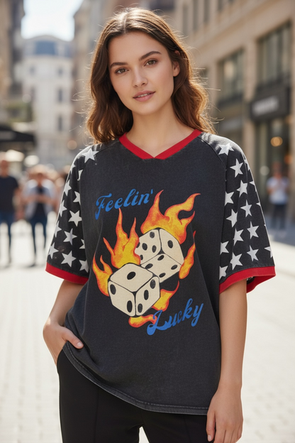 Jersey Oversized Tee Shirt - Feelin Lucky Black Acid Wash