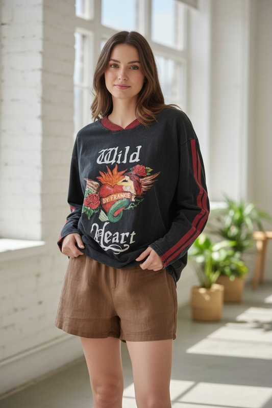 Mya Long Sleeve Oversized Tee T-Shirt - Wild Heart Black Acid Wash