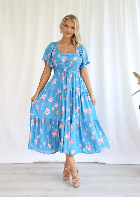 Clara Shirred Bust Midi Dress - Blue Pink Floral