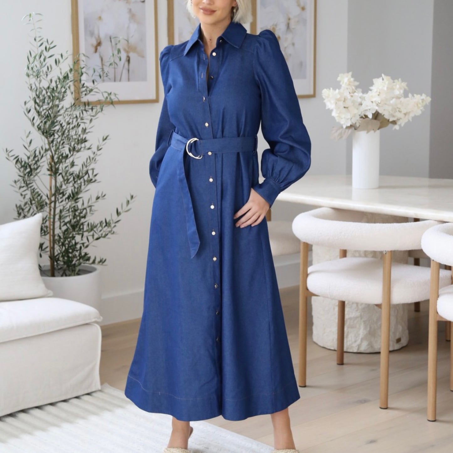 Gina Button Up Belted Maxi Dress - Blue Denim