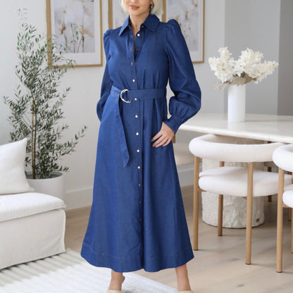 Gina Button Up Belted Maxi Dress - Blue Denim