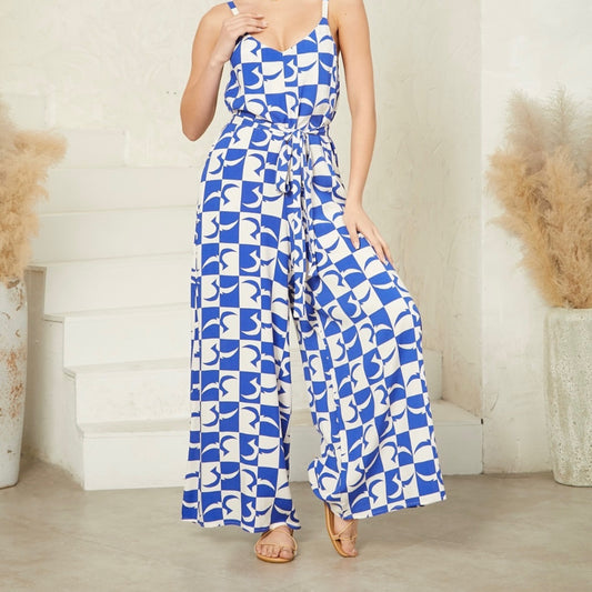 Hayman Relaxed Fit Tie Waist Wide Leg Jumpsuit - Blue White
