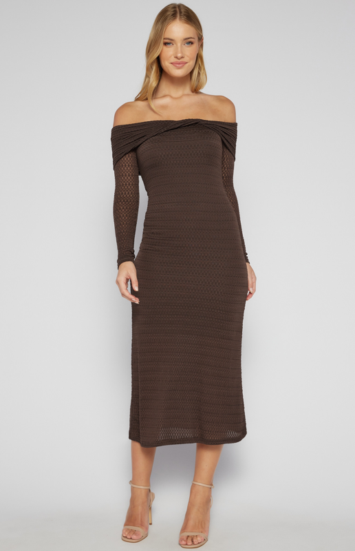 Sasha Jersey Off Shoulder Midi Dress - Brown