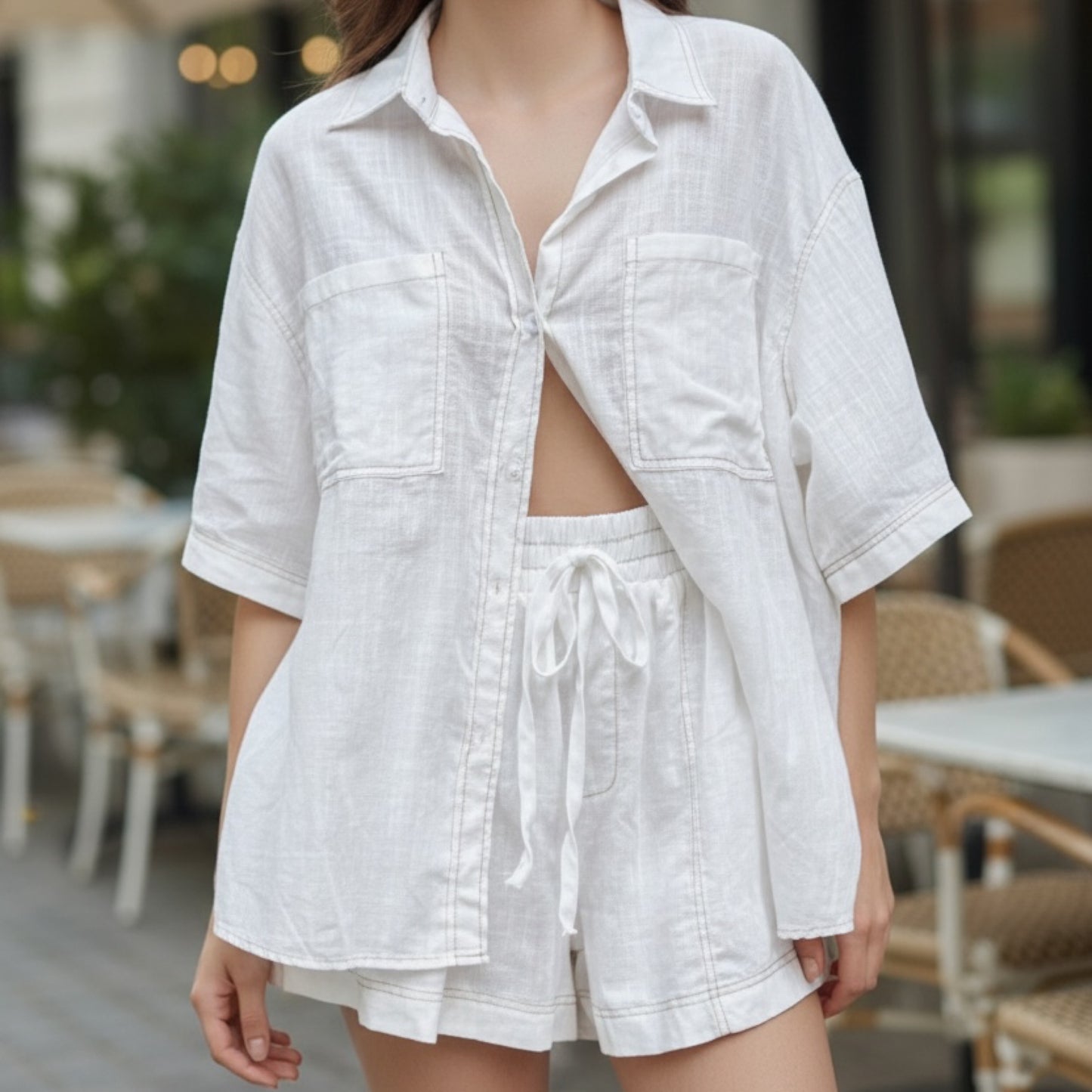 Romni Overstitch Button Up Shirt & Shorts Set - White