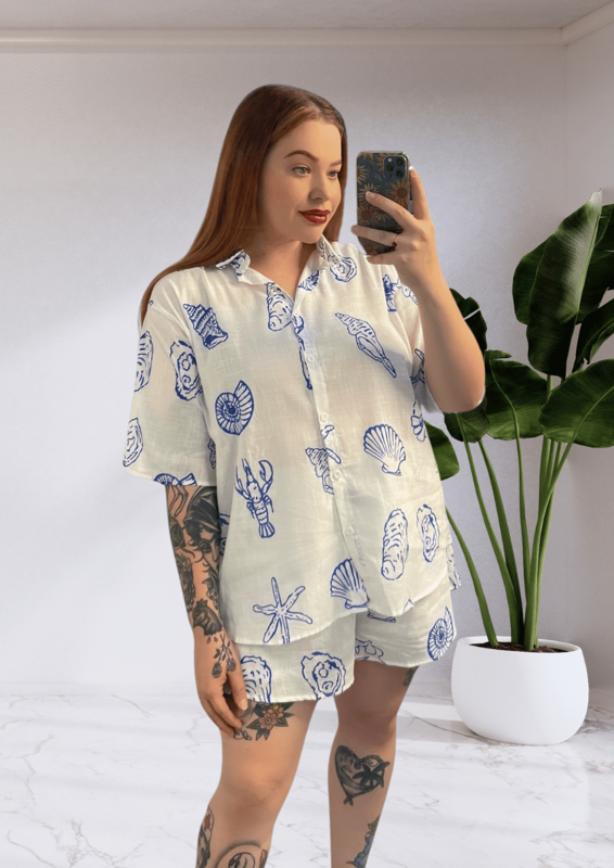 Taya By Frankie Shirt & Shorts Set - Blue White Sea Shells