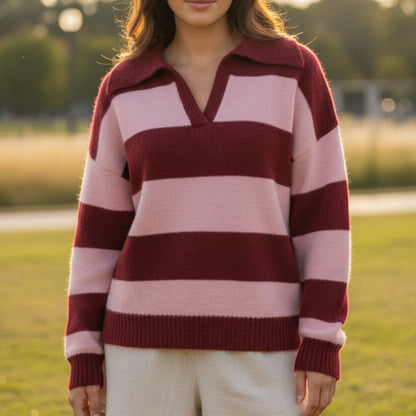 Danika Collared Wide Stripe Jumper - Pink Maroon