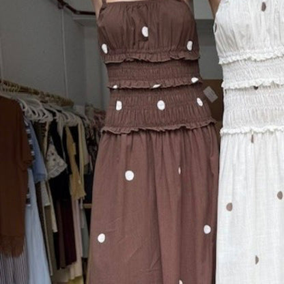 Vera Shirred Waist Polka Dot Maxi Dress - Chocolate | By Frankie